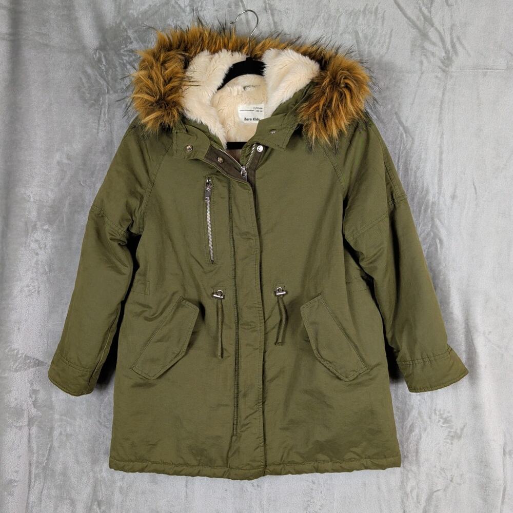 Zara Girls Jacket -size - 11-12 Olive Green Full Zip Faux fur Lined Hood Jacket